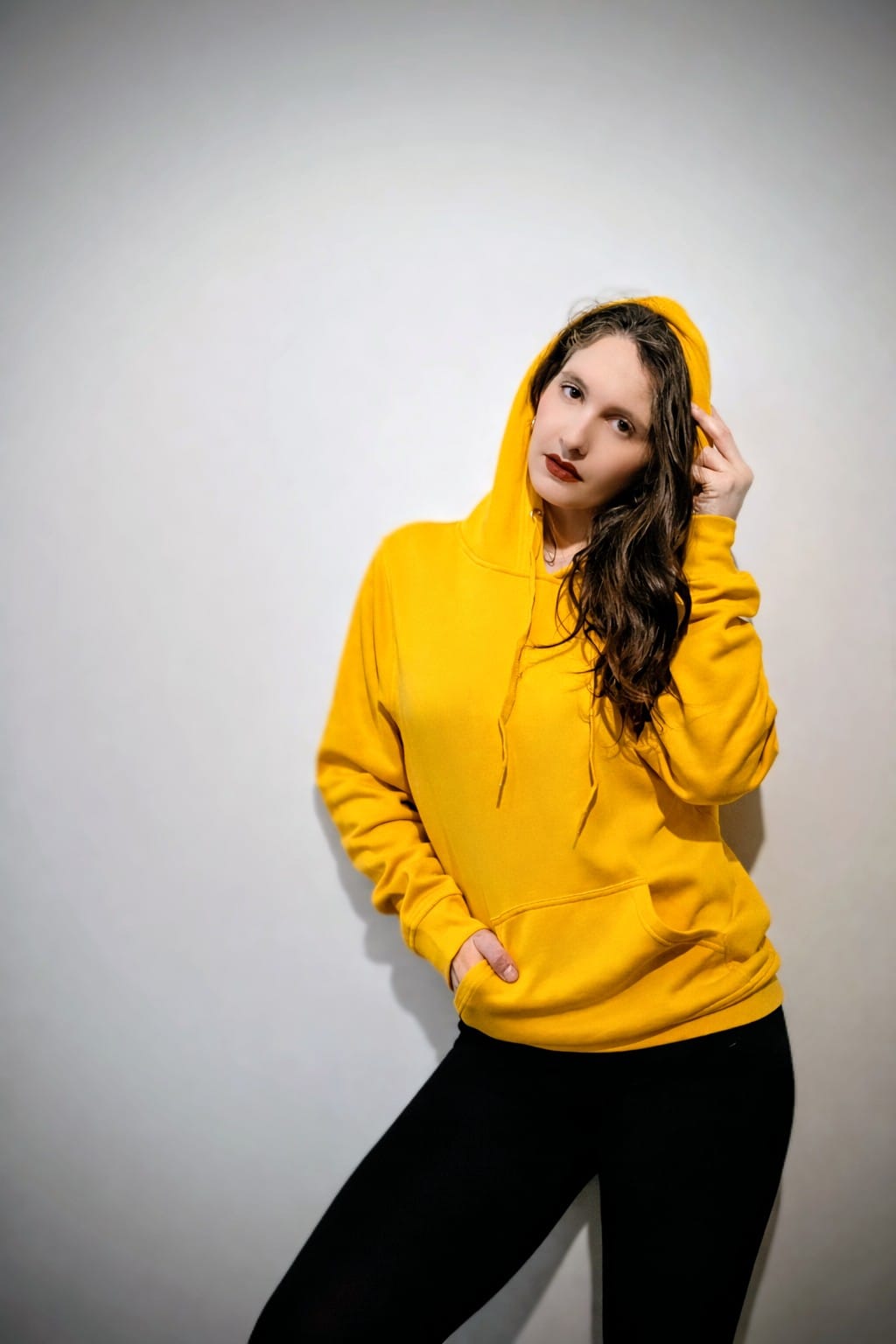 Casual — yellow hoodie, three-quarter