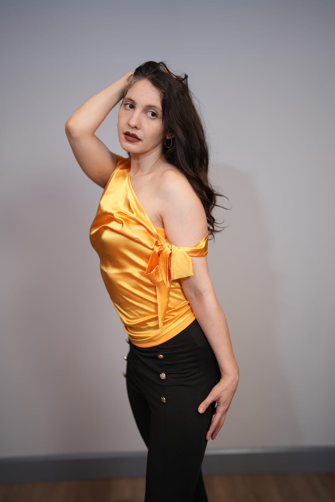 Editorial — gold satin top