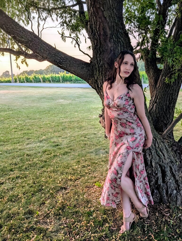 Outdoor — floral dress, golden hour